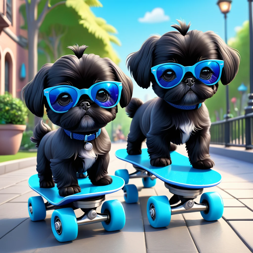 2 Adorable small black Shih Tzu puppies wearing blue sunglasses roller skating on sidewalk park background 3d cartoon 3d render disney pixar style