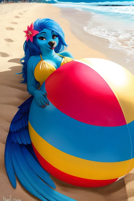 Jewel, the sexy female anthropomorphic Blue Spix Macaw from the 2011 Rio movie in her Brazilian pink bikini, is inflating her giant RIO Beach Ball at Copacabana Beach in Rio de Janeiro. Then she rolls around it across the beach. Jewel hops on top of her giant beach ball and relaxes. Then Jewel slowly removes the cap from the nozzle and she slowly deflates down on her giant RIO beach ball.