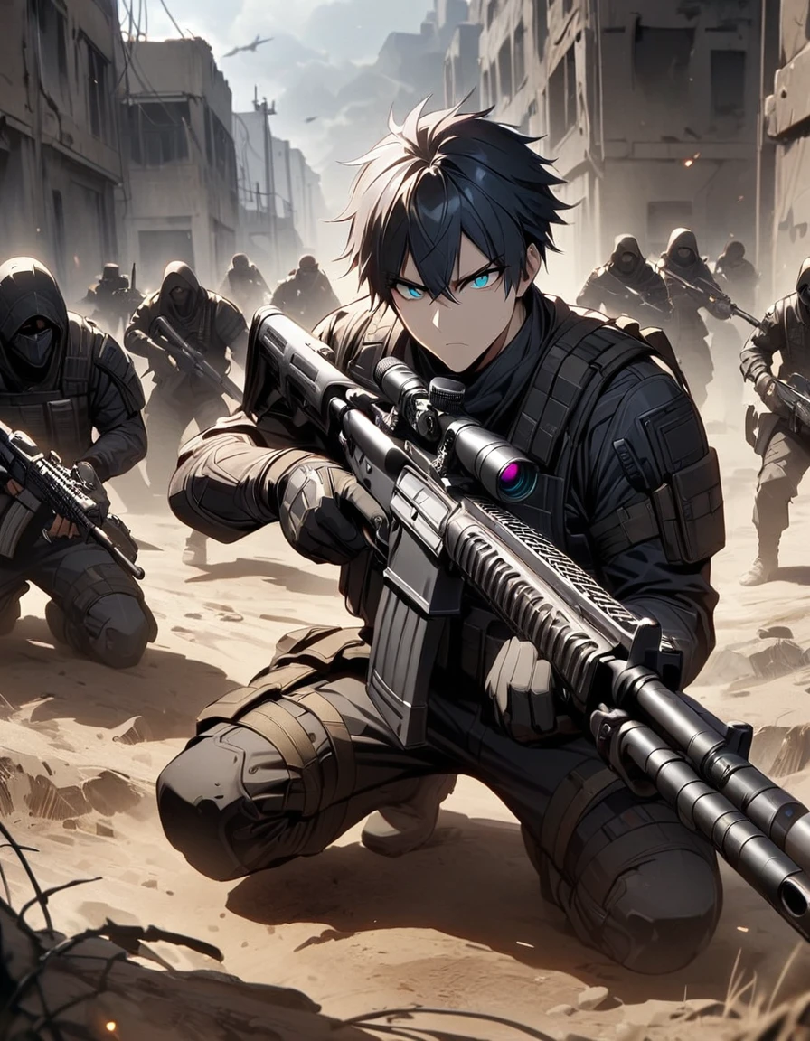 Masterpiece, best quality, 1 man, 30 year old man, focus man, alone, alone focus, black hair, Turquoise eyes, black bulletproof vest, Mercenaries, (holding an assault rifle), Crouching position, Battlefield backdrop, War zone, serious, solemn face, Dangerous atmosphere.