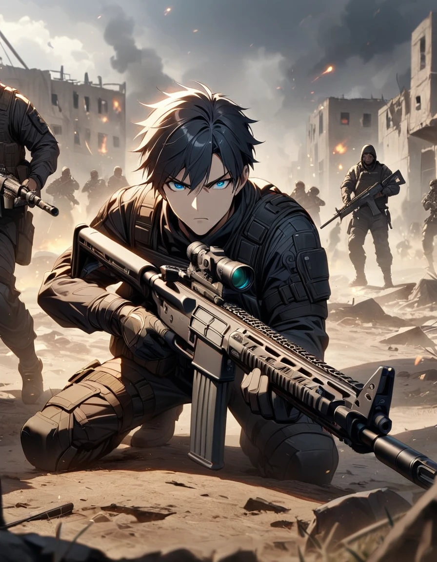 Masterpiece, best quality, 1 man, 30 year old man, focus man, alone, alone focus, black hair, Turquoise eyes, black bulletproof vest, Mercenaries, (holding an assault rifle), Crouching position, Battlefield backdrop, War zone, serious, solemn face, Dangerous atmosphere.