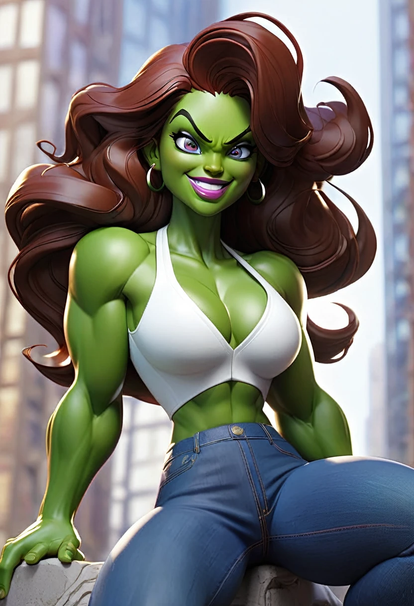 she hulk in new york city big-boobs  and abs smile  eyes and eyebrow  normally short blue jeans and white tank shirt