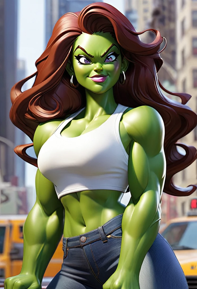 she hulk in new york city big-boobs  and abs smile  eyes and eyebrow  normally short blue jeans and white tank shirt