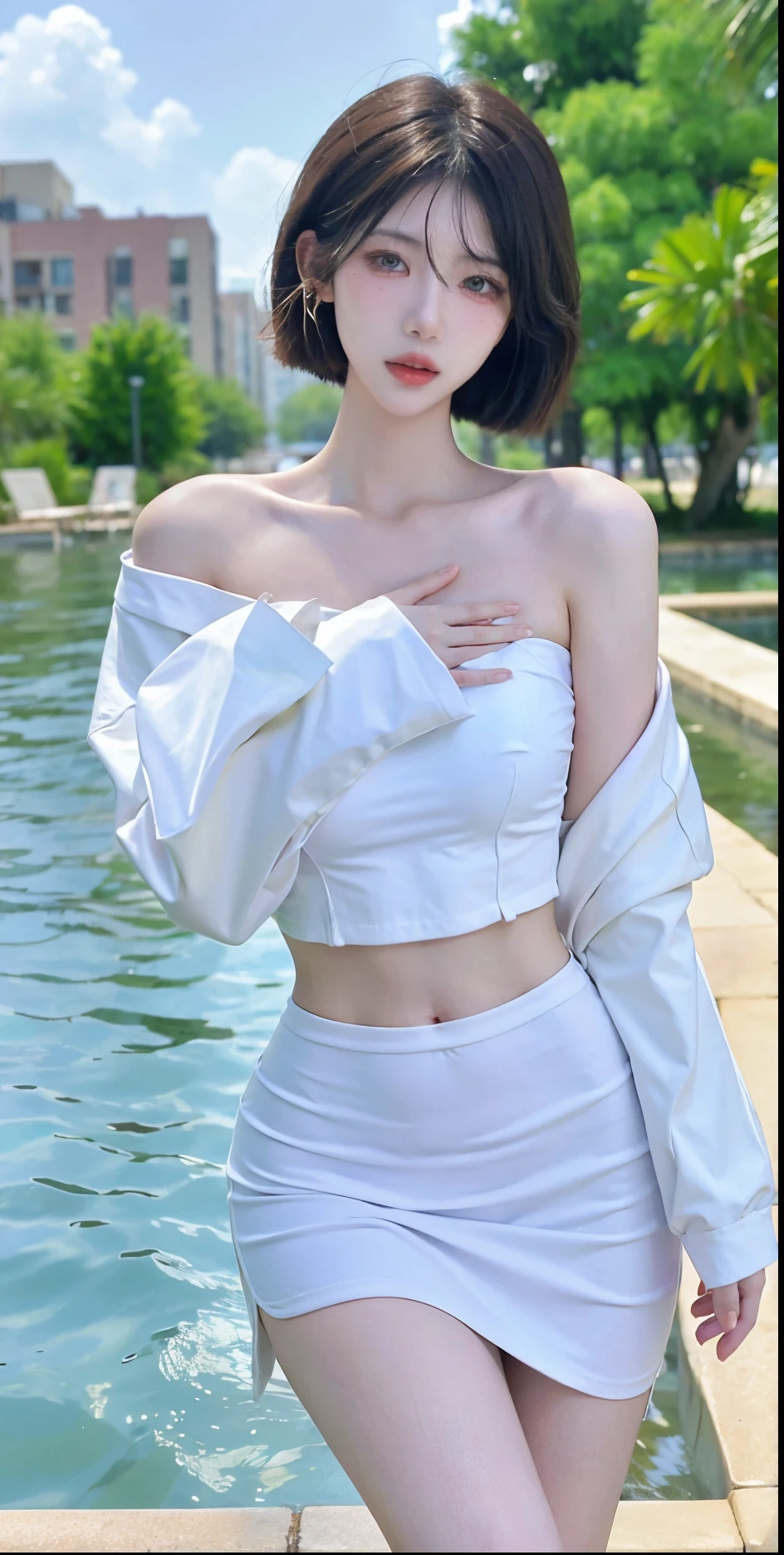 Beautiful woman with perfect figure:1.4，Swimming background，Desert Background，Ultra-high resolution，Seductive laughter，wear glasses，White legs，（lifelike：1.4），Layered Hairstyle，White skin，Black mini pleated skirt，whole body，Very delicate face and skin texture，Double eyelids，Skin Whitening，Long hair，White hair，White，