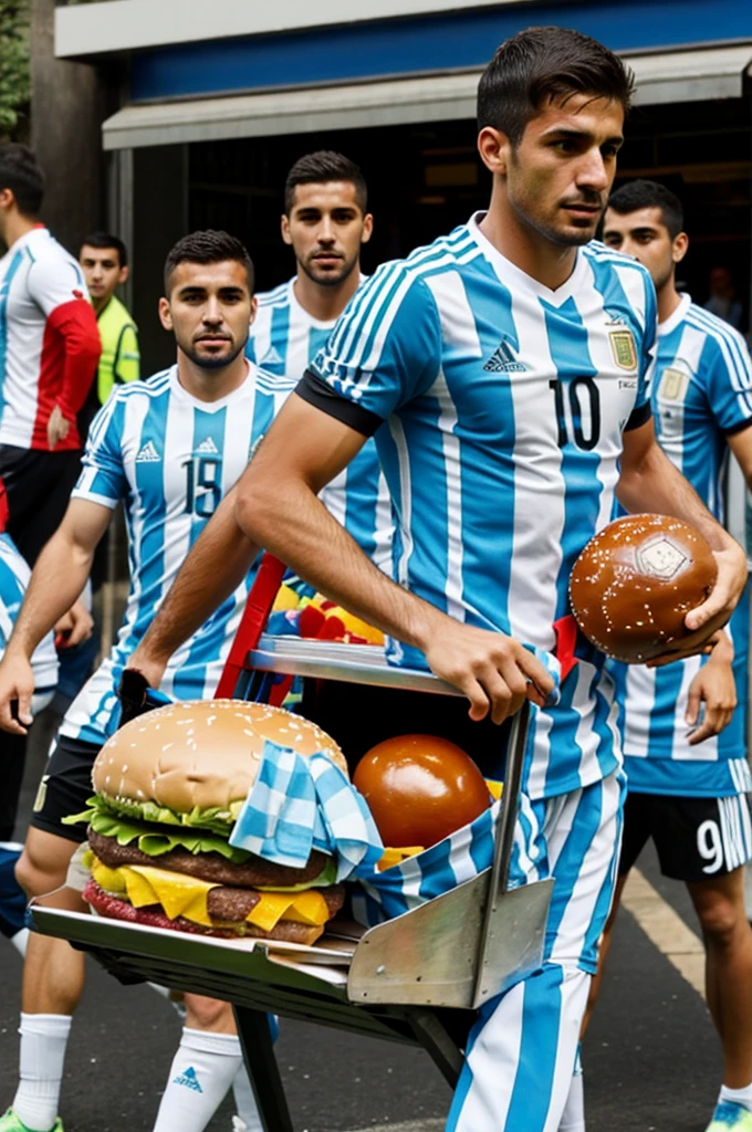 Argentine soccer players carrying a hamburger dressed in the Argentina shirt on a cart