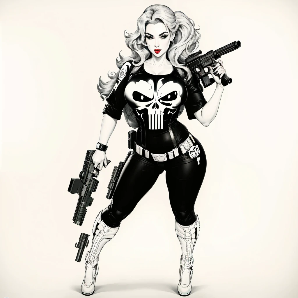 sexy pinup wearing a punisher shirt, coloring page, black and white, white background, entire body in shot, holding highly detailed gun