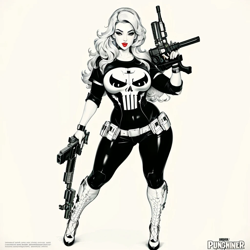 sexy pinup wearing a punisher shirt, coloring page, black and white, white background, entire body in shot, holding highly detailed gun