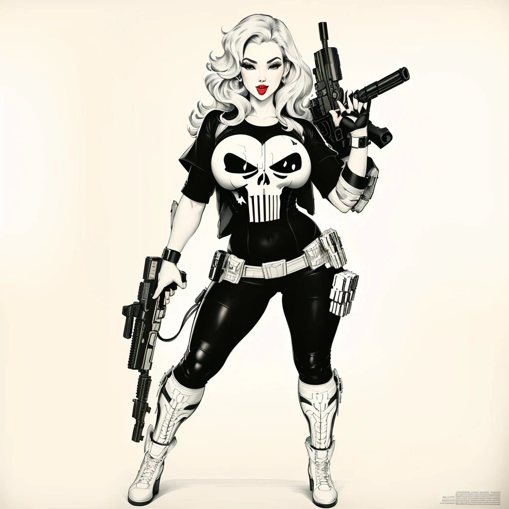 sexy pinup wearing a punisher shirt, coloring page, black and white, white background, entire body in shot, holding highly detailed gun