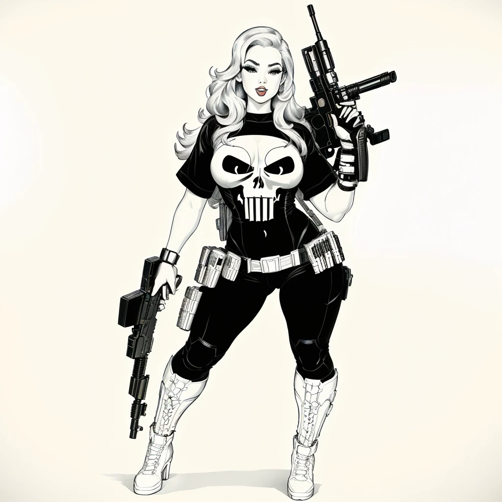 sexy pinup wearing a punisher shirt, coloring page, black and white, white background, entire body in shot, holding highly detailed gun