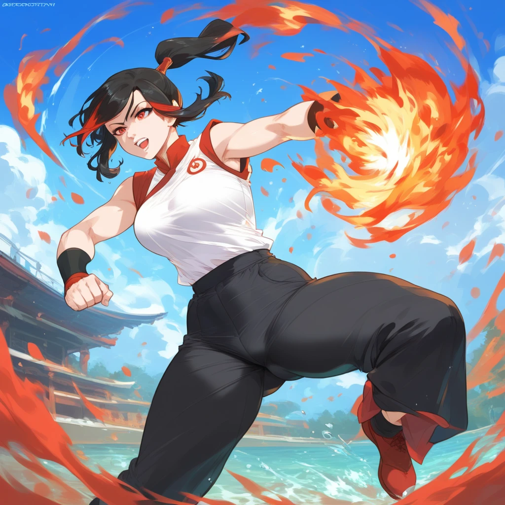 1 girl, long black hair with a ponytail (avatar style), red eyes, beautiful, light skin color , wide shoulders, thin waist, medium breasts, defined thighs, thin, defined lean , showing abs ,wide hips, medium ass, avatar style, dark red tank top from the fire nation (avatar), long skirt(avatar style), showing the thigh , striking with the legs, kicking an opponent, kicking in the air, fiery in legs, fiery kick