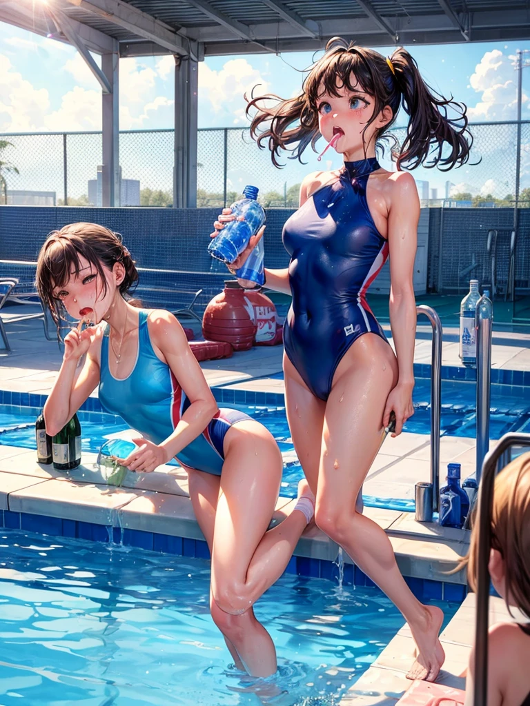 Highest quality,Highest Resolution,Several beautiful girls in brightly colored leotards and swimsuits with crying faces,Poolside at the competition pool,Very beautiful eyes,(((Drinking a bottle of drink))),Sweat profusely,Tears,(((Open your mouth wide and drool)))whole body,Super High Leg,Standing posture,