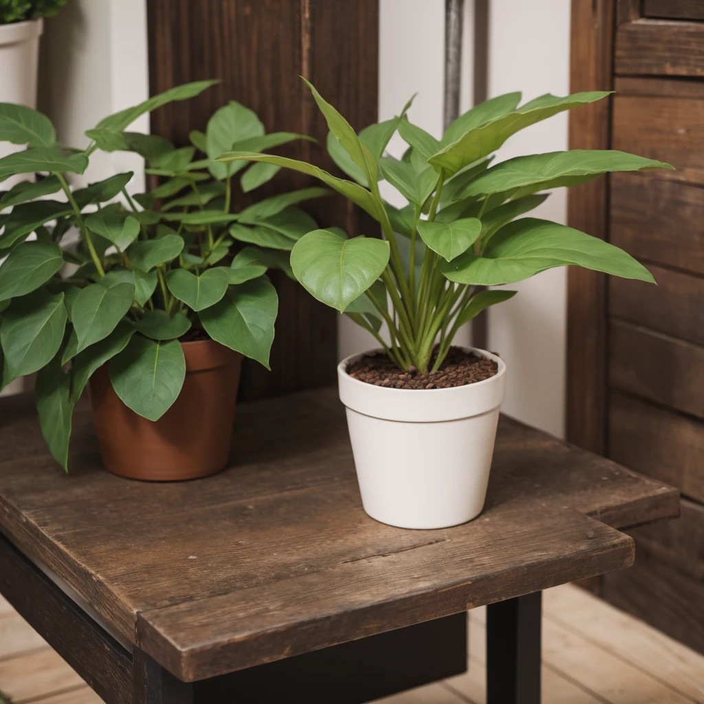 Potted plant on a dark brown wooden table