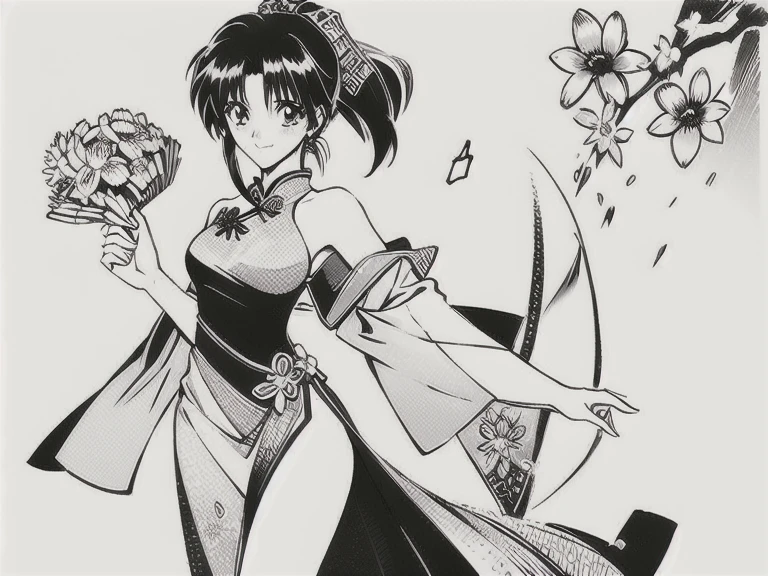 A stunning 17-year-old anime girl, solo and radiant, dons a breathtaking chinese dress, bare shoulder. Her slender body and long legs are showcased as she strikes a shy yet captivating smile. Her beautiful eyes sparkle under the gentle framing of her raven-black locks, hair tien in ponytail which cascade down her face like a waterfall. In high-quality monochromatic tones, her kaorumanga-inspired beauty shines bright against a simple, uncluttered background, drawing full focus on her resplendent figure,(bunch of flowers:1.3), (zentangle:1.2), (geometric:1.2)