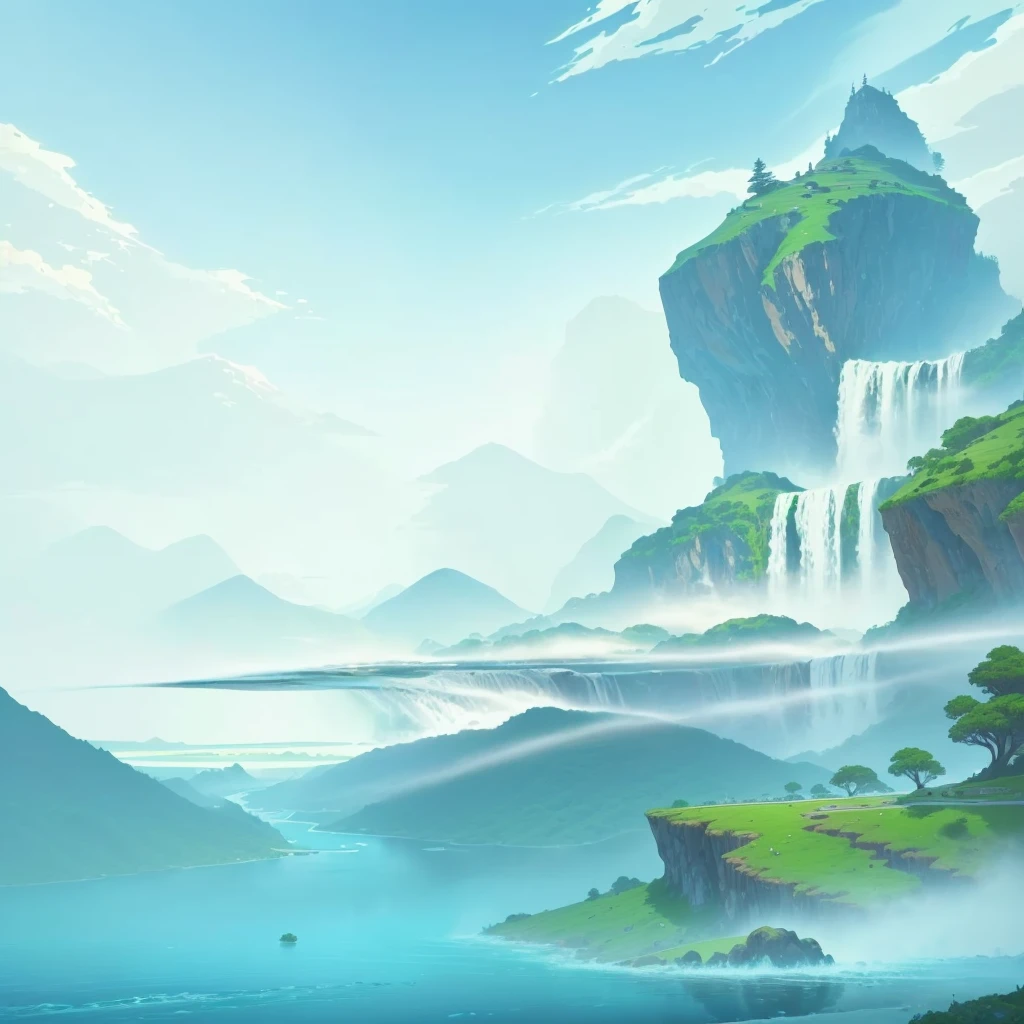 there is a cartoon picture of a river with a waterfall, background art, island background, background artwork, epic background, breezy background, magnificent background, cool background, random background scene, ethereal background, mobile game background, the background is misty, game background, anime background, lake background, videogame background, arena background, anime background art, background image, gorgeous background