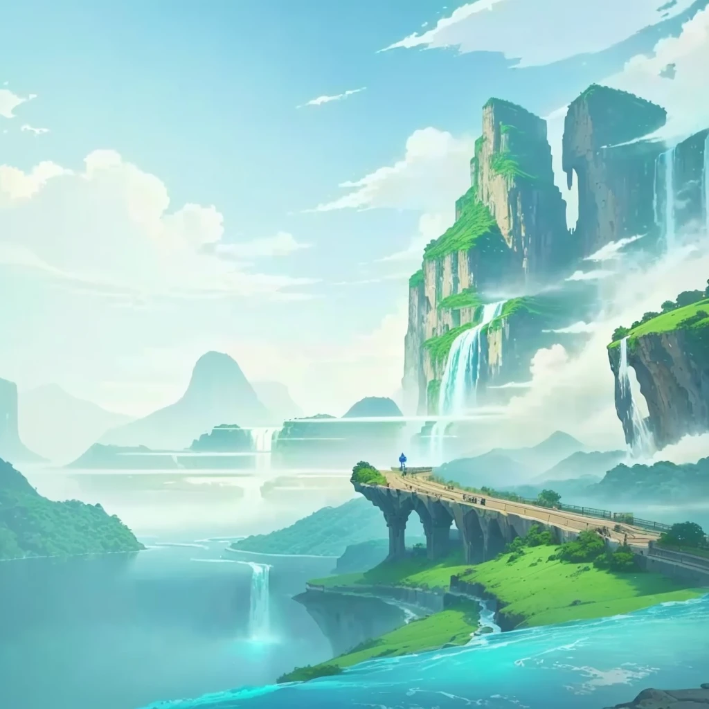 there is a cartoon picture of a river with a waterfall, background art, island background, background artwork, epic background, breezy background, magnificent background, cool background, random background scene, ethereal background, mobile game background, the background is misty, game background, anime background, lake background, videogame background, arena background, anime background art, background image, gorgeous background