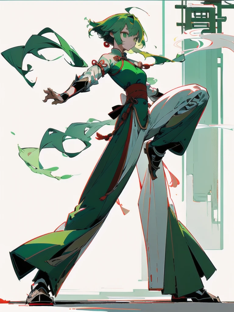 Green Hair、Her hair is short、small breast、upright stance、full body、Fighter、Uniform、Chinese Knight、Chinese style、White background、Simple Background、No exposure、China dress、pants、band、front、White clothes、Kung Fu、slender