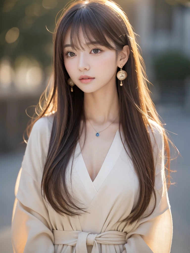 ((Highest quality, 8K, masterpiece:1.3)), concentrate: 1.2, Perfect body beauty: 1.4, Hips: 1.2, ((Long Hair, chest: 1.2)), (Dry clothes: 1.1) , (clear, Simple Background:1.3), Simple clothes: 1.1, Highly detailed face and skin texture,Delicate eyes, double eyelid, Whitened skin, Rough skin、Long Hair、Earrings with bangs、necklace、 solo、Beige coat、White shirt, (((Beautiful girl with cute Japan)))、 ((Beautiful Japanese girl 20 years old))、 ((Baby Face))、 (((Slender body)))、 Upper Body,Face focus、necklace,Simple Background,From above, Realistic Hair、 A photograph was taken:Canon EOS R6、135mm、1/1250 seconds、f2.8、ISO400、(Detailed explanation of the hand)、(Masseter muscle area)、(Exquisite CG)、Long Hair, loose and curly hair、Korean Hair、Long Hair明るいベージュ色、グラデーションハイライトグレージュのゆるふわLong Hairスタイル、