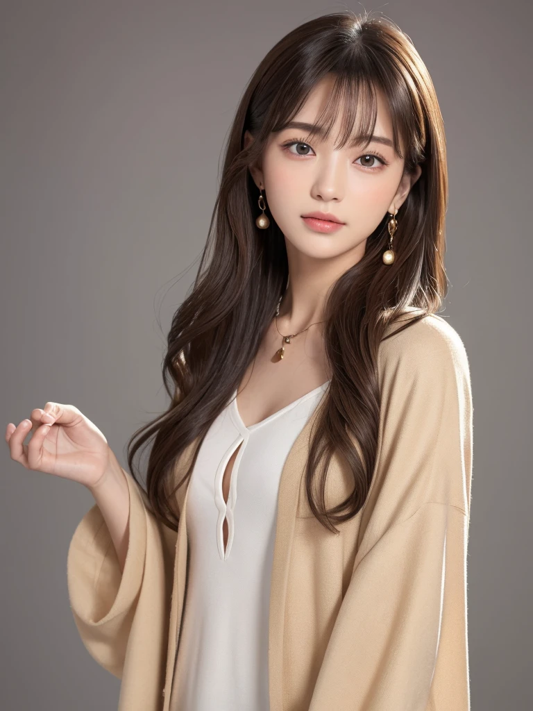((Highest quality, 8K, masterpiece:1.3)), concentrate: 1.2, Perfect body beauty: 1.4, Hips: 1.2, ((Long Hair, chest: 1.2)), (Dry clothes: 1.1) , (clear, Simple Background:1.3), Simple clothes: 1.1, Highly detailed face and skin texture,Delicate eyes, double eyelid, Whitened skin, Rough skin、Long Hair、Earrings with bangs、necklace、 solo、Beige coat、White shirt, (((Beautiful girl with cute Japan)))、 ((Beautiful Japanese girl 20 years old))、 ((Baby Face))、 (((Slender body)))、 Upper Body,Face focus、necklace,Simple Background,From above, Realistic Hair、 A photograph was taken:Canon EOS R6、135mm、1/1250 seconds、f2.8、ISO400、(Detailed explanation of the hand)、(Masseter muscle area)、(Exquisite CG)、Long Hair, loose and curly hair、Korean Hair、Long Hair明るいベージュ色、グラデーションハイライトグレージュのゆるふわLong Hairスタイル、