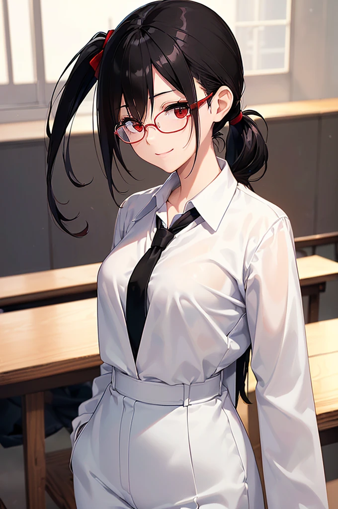 (masterpiece; best quality: 1.2), (finely detailed eyes: 1.3), ((25 year old woman)), ((solo)), (red eyes: 1.4), (body; gorgeous, luscious, femenine: 1.3), (silky black hair + low ponytail: 1.3), (beautiful and clear background: 1.2), ((depth of field)), (equipment: labcoat white + shirt white + necktie white+ pants white + square glasses black: 1.3), (anime illustration: 1.2), (background composition; japanese highschool classroom + furniture: 1.1), (extremely fine and beautiful: 1.1), (shot composition; standing + centered on torso + close-up: 1.5), (expression; calm, stoic: 1.2)