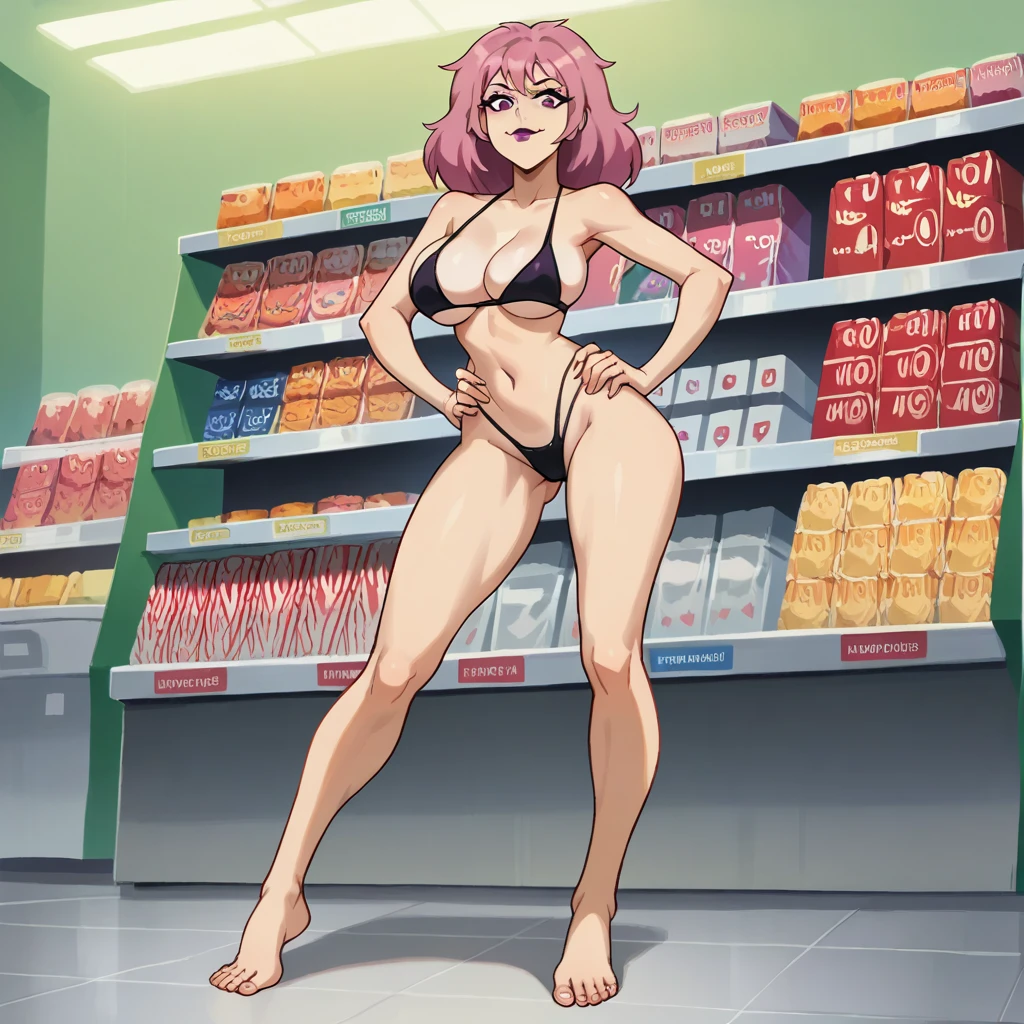 Masterpiece, best quality, Masterpiece, best quality, 1 woman , pink hair , purple eyes , sly face , black bikini , big breasts , abdomen , Long legs , Put your hands on your hips...... , Barefoot , full body , convenience store ,