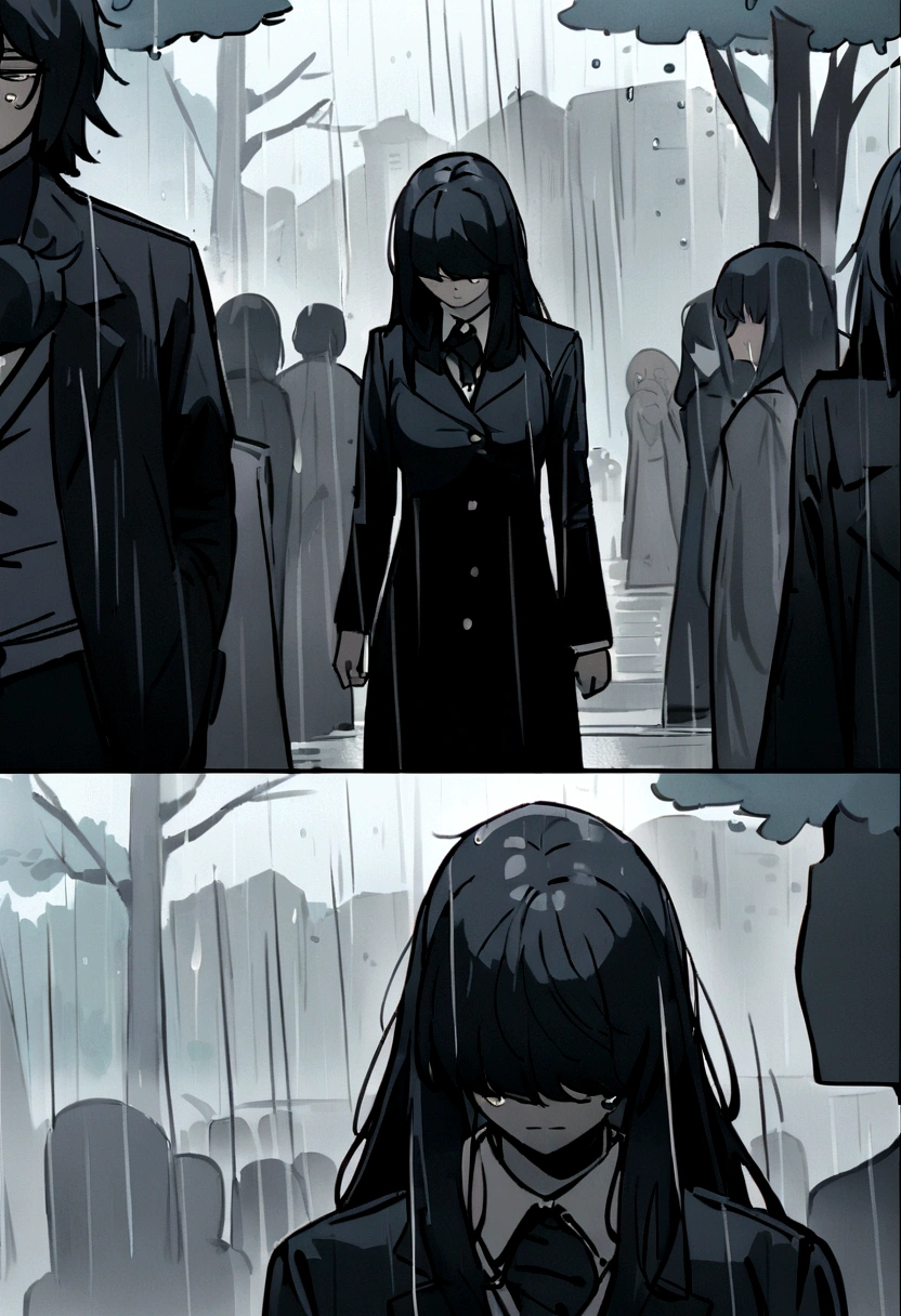 busty teenager, with few clothes, leaving a funeral, crying, rainy day, trees, cemetery, black fur, sad image, personas crying
