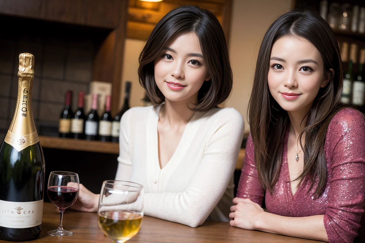 ((Highest quality、8K、masterpiece:1.3))、Yuuko Araki、slimカップル、ピンクmodelカップル、(Realistic, Intricate details:1.2), full-course dinner、Wine Party、Amazing view of the sunset sky and clouds、A bright smile、The wonderfulness of smile、Bright image、The beauty of wine, Beautiful Face, blue eyes, The light shines on your face, Blushing, short hair,Bright Face、42 years old), 39 years old, red wine 、Appetizers、Italian food、Wine bottle、Champagne、sparkling wine、Two beauties、Brown Hair、Shortcuts、Long sleeve shirt、dress、Beautiful woman 1, (slimな顔), (The body is slim), (Brown Hair), (Shortcuts), cheeks turn a little red,Attractive beauty、restaurant, In a prominent place (From the waist up) Nova Frog Style, actress, model, Upper Body, White wine, slim, wine glass, 中央に置かれたwine glass, smile, (smile: 1.15), Beautiful fine grain, Depth f/2,saturation, High Contrast, Strong light and shadow,Moist Body:1.5、3D texture、Delicate eyes、Brown Hair、The hair is very shiny、