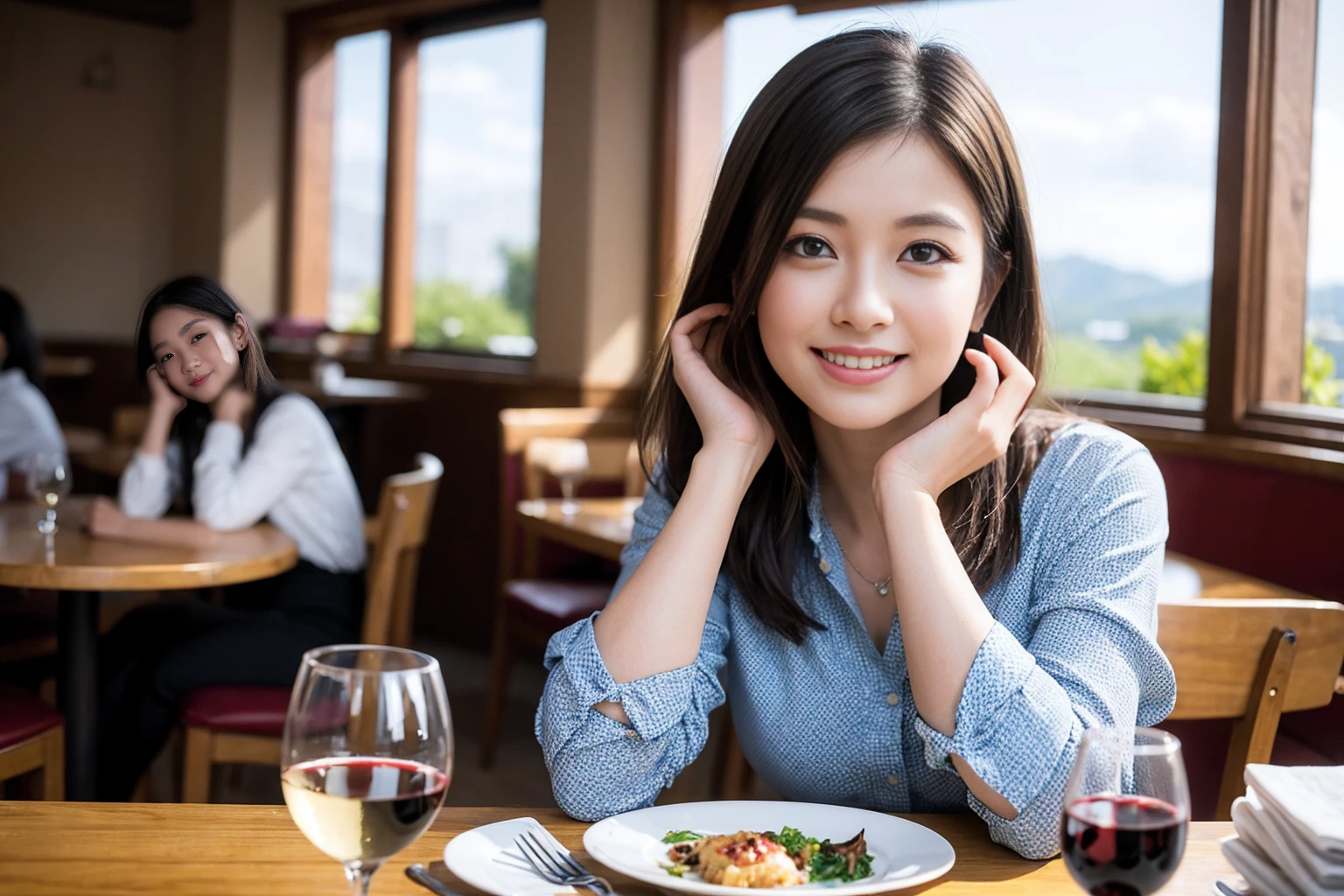 ((Highest quality、8K、masterpiece:1.3))、1 male 1 female、美女Couple、Pink Lover、Couple、The body is slim、((Bob Hale、Straight hair:1.2)), (Realistic, Intricate details:1.2), テーブルの上のwine glass、Put the light on your face、 Amazing view of the sunset sky and clouds、Amazing mountain views、A bright smile、The wonderfulness of smile、Bright image、The beauty of wine, Beautiful Face, blue eyes, The light shines on your face, Blushing, short hair,Bright Face、 (7), 39 years old, red wine 、Appetizers、Italian food、Wine bottle、Champagne、sparkling wine、Two beauties、Brown Hair、Shortcuts、Long sleeve shirt、dress、Beautiful woman 1, (slimな顔), (The body is slim), (Brown Hair), (Shortcuts), cheeks turn a little red,Attractive beauty、restaurant, In a prominent place (From the waist up) Nova Frog Style, actress, model, Upper Body, White wine, slim, wine glass, 中央に置かれたwine glass, smile, (smile: 1.15), Beautiful fine grain, Depth f/2,saturation, High Contrast, Strong light and shadow,Moist Body:1.5、3D texture、Delicate eyes、Brown Hair、The hair is very shiny、