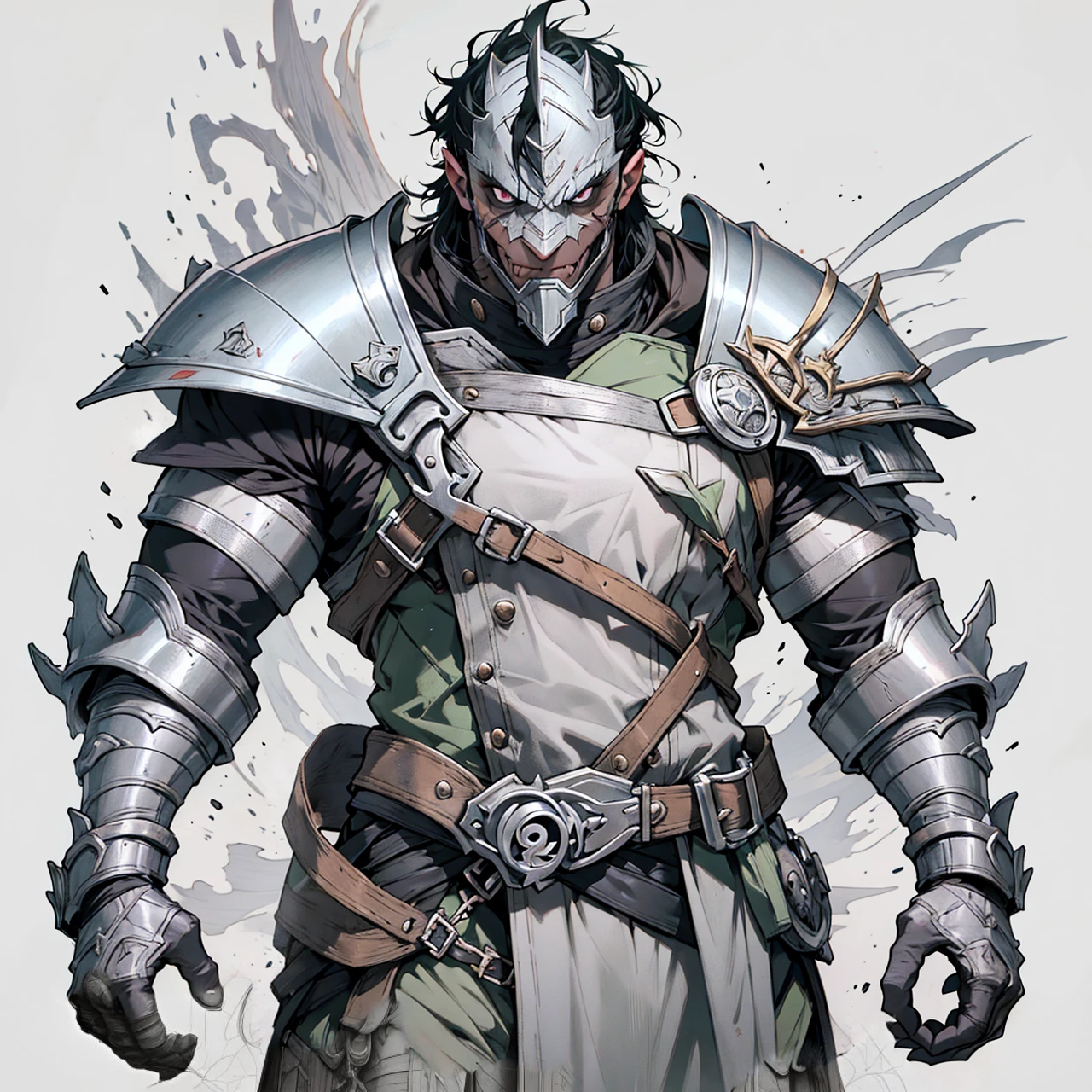 Black eyes and iris, Bblack hair, scar on the face, jump no nose, evil face, green and gray armor