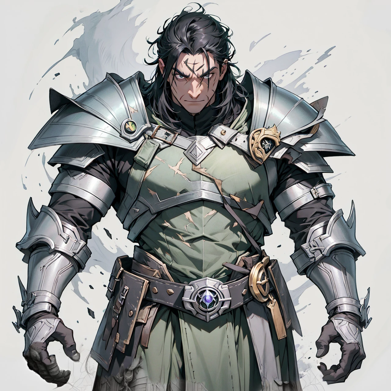 Black eyes and iris, Bblack hair, scar on the face, jump no nose, evil face, green and gray armor