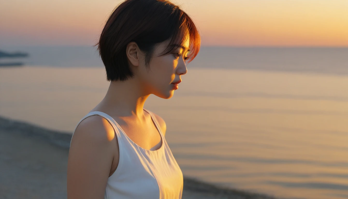 K Realistic, living photos, Realistic appearance of nature, , Side view looking at the sea at sunset. Close-up beautiful woman look , Side view of an Asian woman wearing a sleeveless light skirt, burning sunset light, short medium hair, 1 woman, With a sad expression,uhd