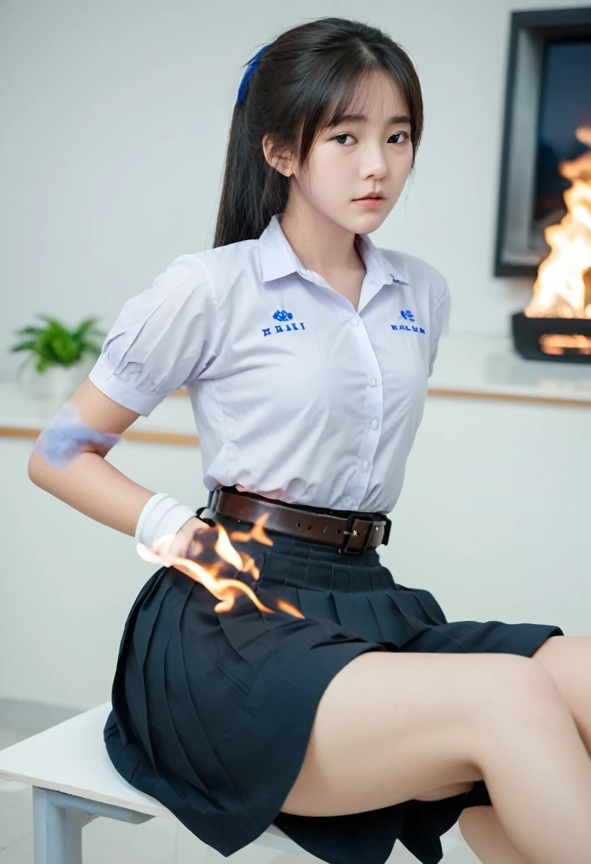 18s woman in Thai university uniform, white shirt, black skirt, brown belt, white sneakers, Sitting wih one leg crossed on a desk, fire on her