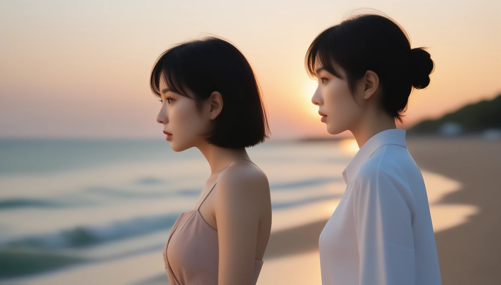 K Realistic, living photos, Realistic appearance of nature, , Side view looking out to sea on the beach at sunset. Close-up beautiful woman look , Side view of an Asian woman wearing a light skirt, burning sunset light, short medium hair, 1 woman, beautiful eyes, With a sad expression, uhd