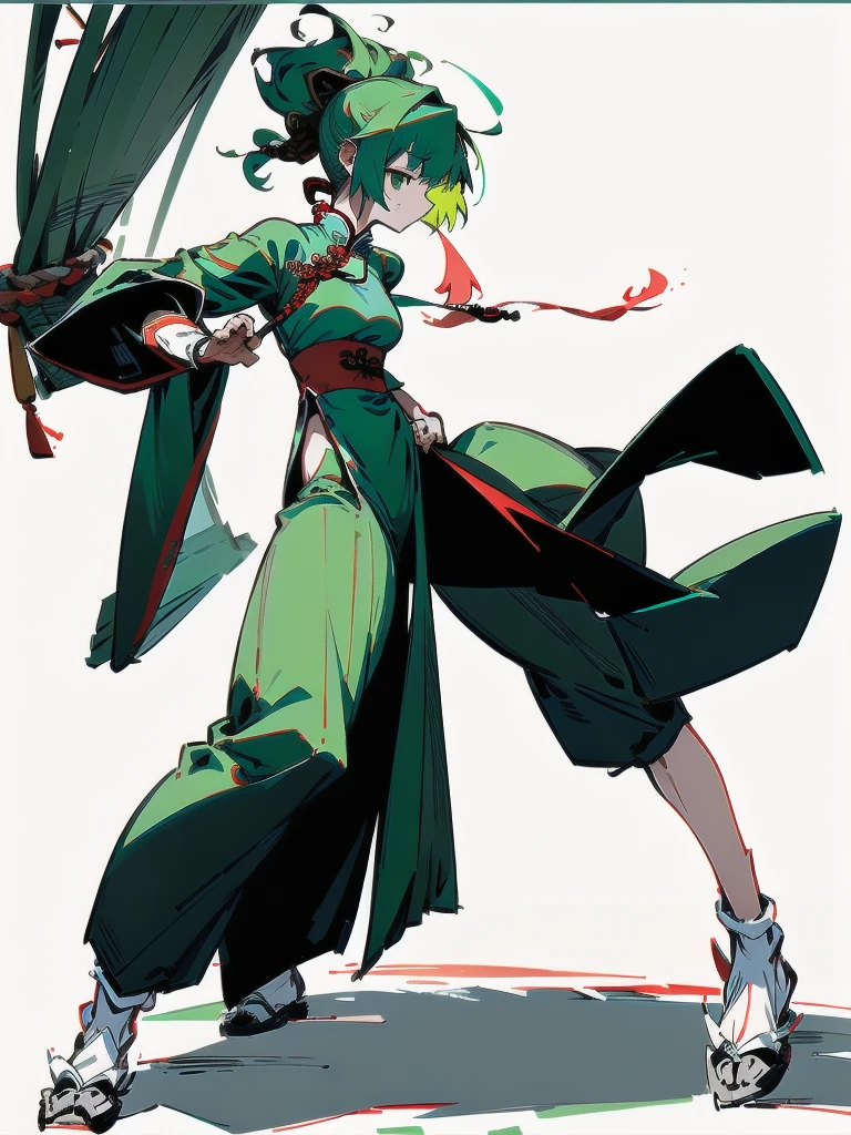 Green Hair、Her hair is short、small breast、upright stance、full body、Fighter、Uniform、Chinese Knight、Chinese style、White background、Simple Background、No exposure、China dress、pants、band、front、White clothes、Kung Fu、slender