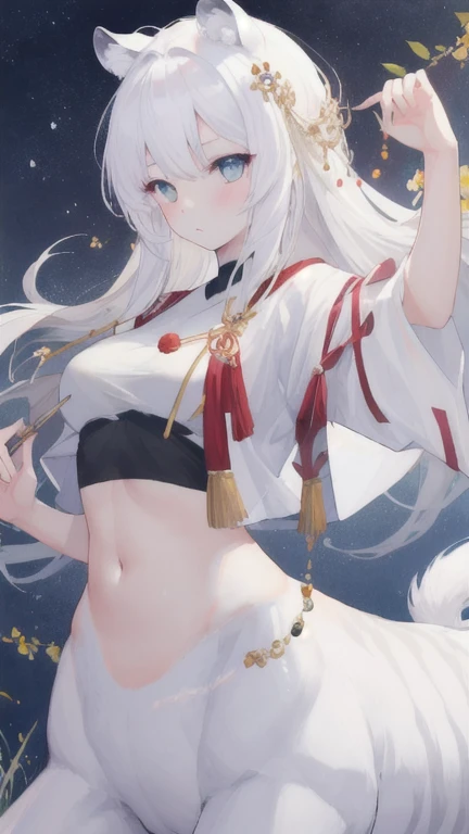 (best quality, masterpiece), 1 girl, centaur, It takes, White skin, Korean  , exposing the abdomen,belly button t-shirt, 아름다운 소녀 perfect white tiger photo, perfect white tiger photo