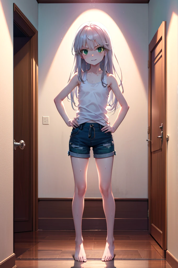 index, index, (Green Eyes:1.5), Silver Hair, Long Hair, (Flat Chest:1.2),smile,Angry,Sweat,Sheer white tank top,Shorts,barefoot,barefoot,Place your hands on your hips,Standing with your legs apart,
break looking at viewer, whole body,
break indoors, Home,entrance,
break (masterpiece:1.2), Highest quality, High resolution, unity 8k wallpaper, (figure:0.8), (Beautiful attention to detail:1.6), Highly detailed face, Perfect lighting, Highly detailed CG, (Perfect hands, Perfect Anatomy),