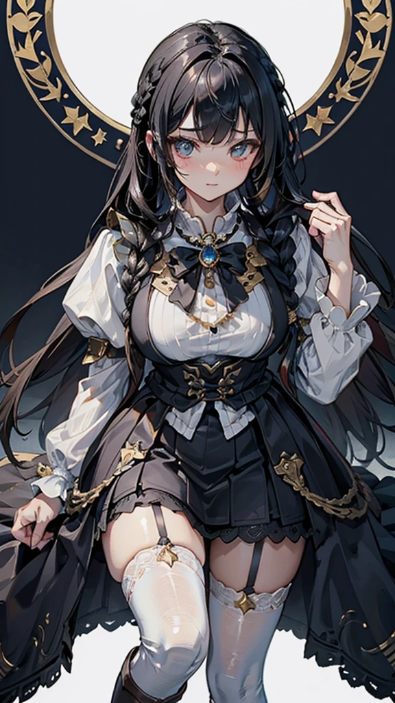 Correct body proportions，Golden ratio，braid，单条braid，Dress，蓝色Dress，Blue skirt，Black Hair，Black Hair，Golden Eyes，Golden pupils，Lace decoration，White knee socks，White garter stockings，White socks，White tights，White Silk，Black boots，Black boots，Sassy，Handsome，murderous，murderous，Vicious，cool girl，Mature girl，Busty girl，Fantasy style，Fantasy style，Close-up above the waist，Big breasts，Big breasts，Fantasy style，Dark Style，Gothic style，