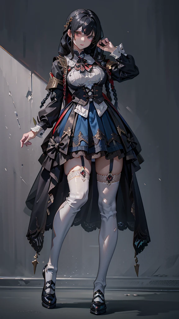 Correct body proportions，Golden ratio，braid，单条braid，Dress，蓝色Dress，Blue skirt，Black Hair，Black Hair，Golden Eyes，Golden pupils，Lace decoration，White knee socks，White garter stockings，White socks，White tights，White Silk，Black boots，Black boots，Sassy，Handsome，murderous，murderous，Vicious，cool girl，Mature girl，Busty girl，Fantasy style，Fantasy style，Close-up above the waist，Big breasts，Big breasts，Fantasy style，Dark Style，Gothic style，