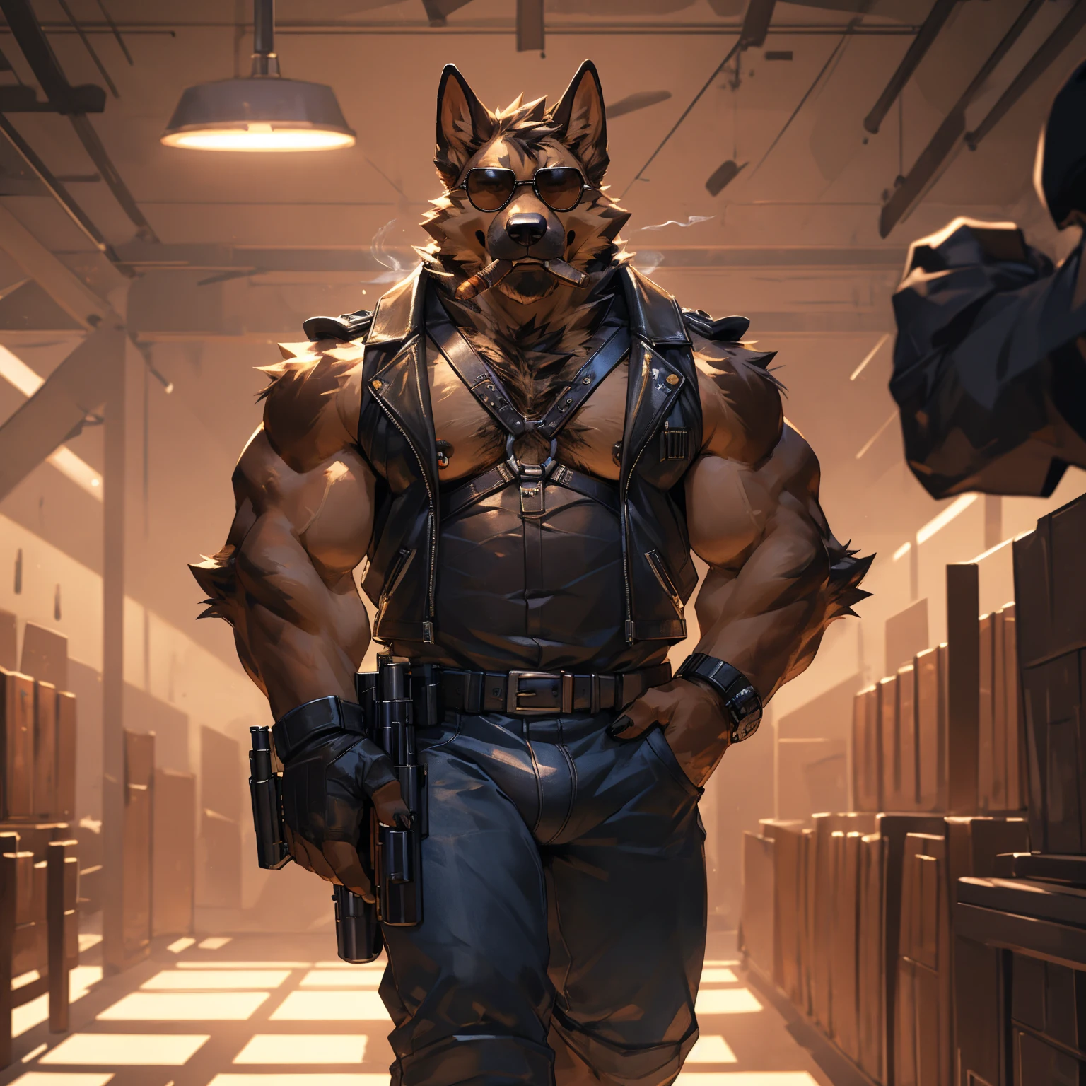 Solo, male, medium muscular, german shepherd, dog, biker, hairy chest, furry chest hair, shirtless, leather vest, blue jeans, leather chest harness, gun holster, gun, leather fingerless gloves, combat boots, boots, cigar, cigar in mouth, nipple piercing ((focus body, furry focus, shades focus, body shades)) nice body, standing, holding a large caliber pistol, desert eagle, .50 handgun, aiming gun, aiming at viewer, armpit, armpit hair, bulge, nsfw, model, light, shades, 4k, high quality ((( gun range background, inside))), by darkgem, by mystikfox61