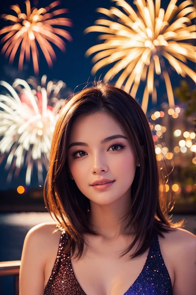 Beautiful woman with fireworks in the beautiful night sky