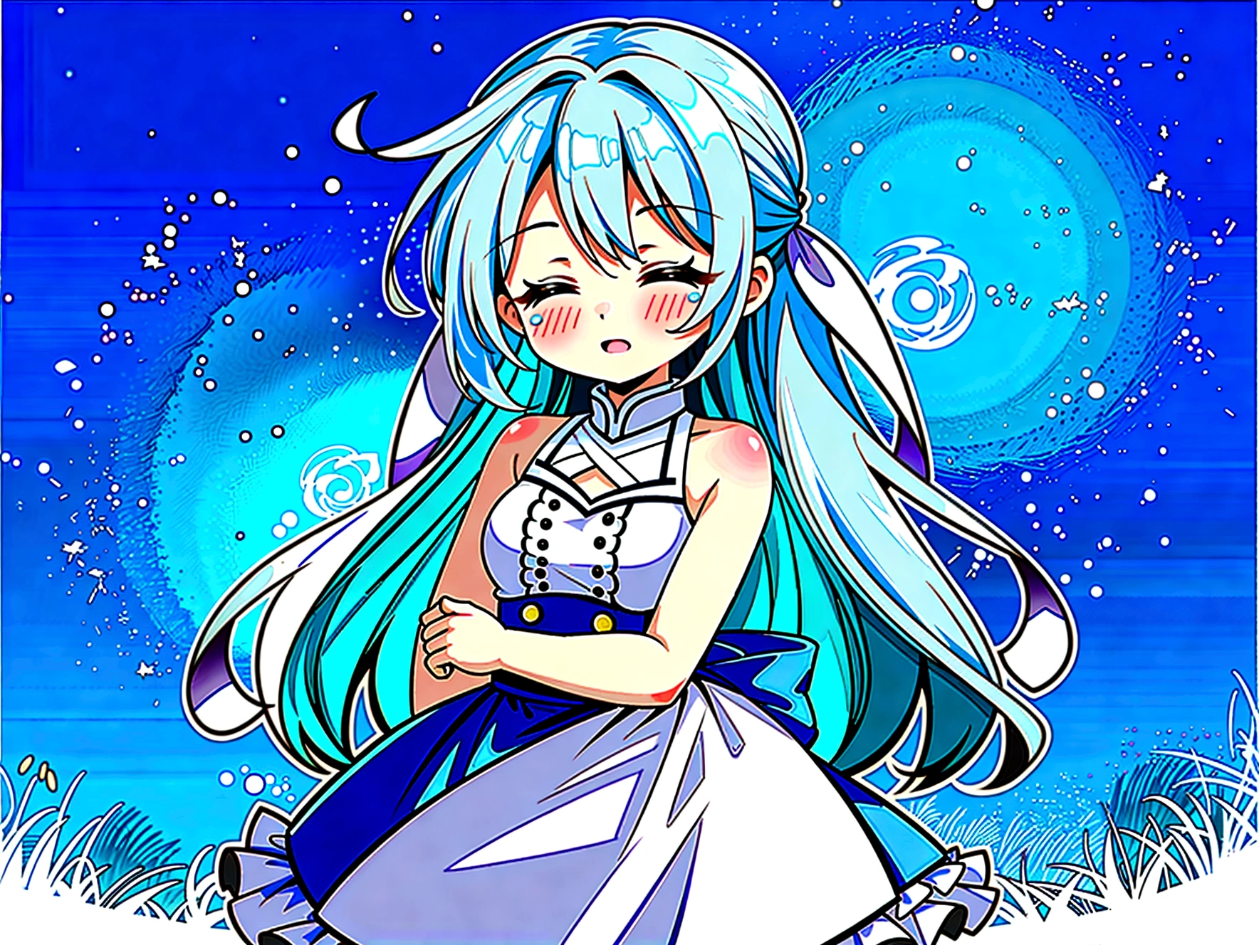 Blue Hair，1.3M，Girl，Close your eyes，Lie in the grass
