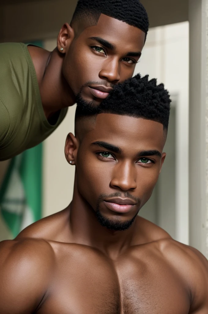 American man of African descent with black skin with olive undertone Emerald green eyes American military haircut Muscular Full mouth 