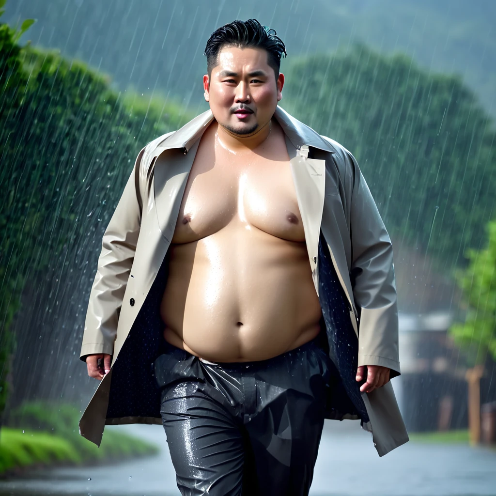 Professional photo, sharp 4K, beautiful light, Man 40 years old, Fat, Chubby, Asian man, no shirt, wearing a coat, Show belly, wet from the rain.