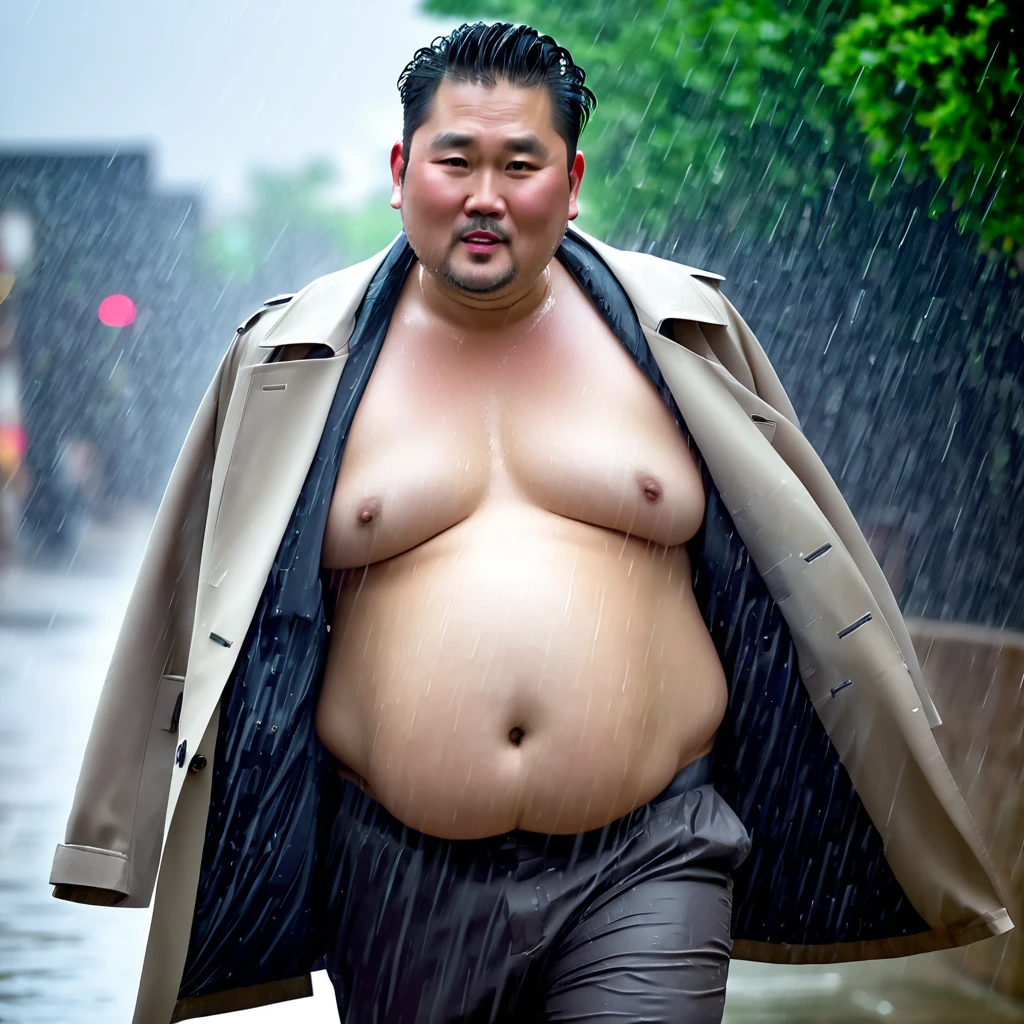 Professional photo, sharp 4K, beautiful light, Man 40 years old, Fat, Chubby, Asian man, no shirt, wearing a coat, Show belly, wet from the rain.