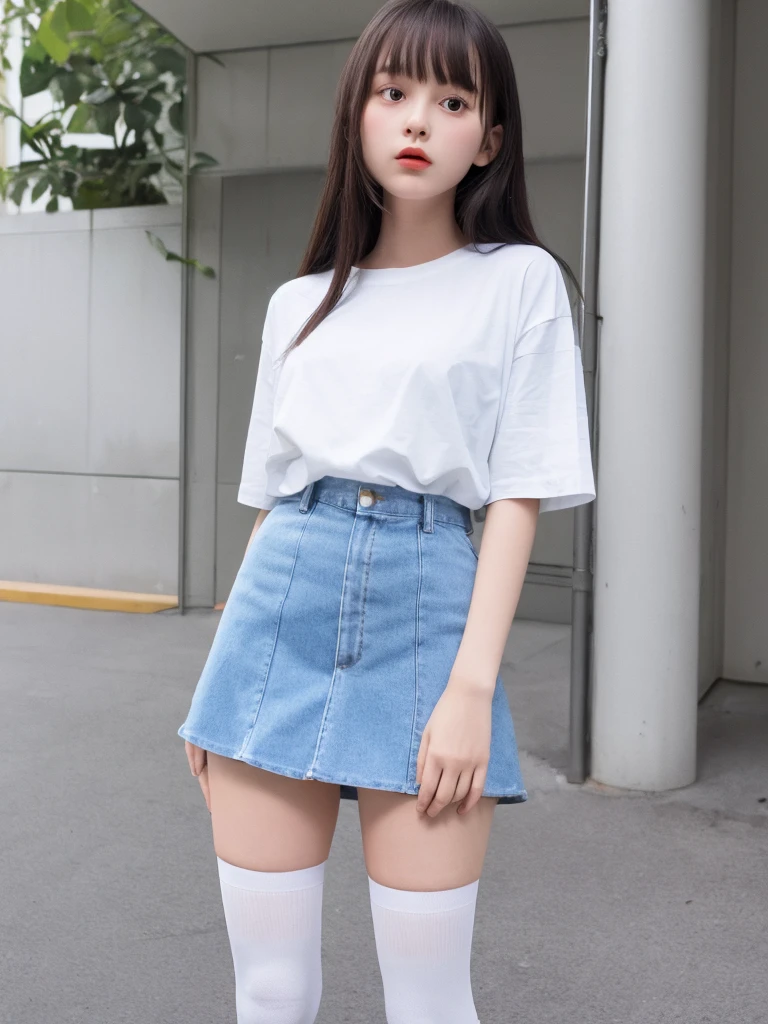 A woman wearing white knee-high socks、White T-shirt、White mini skirt、Japanese、Standing posture、The whole body is in it、Highest quality、20-year-old