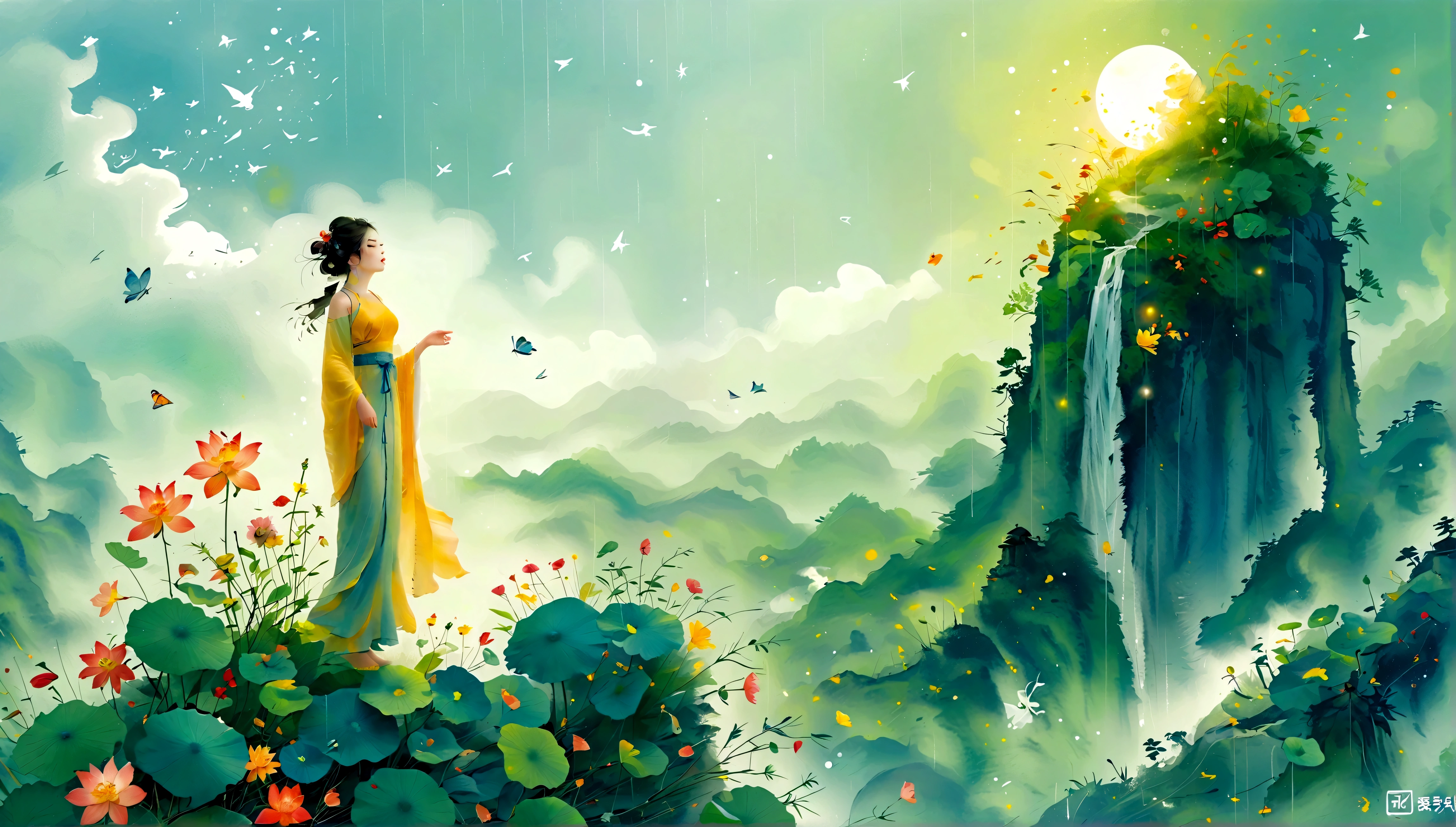 Cai GuoRUN's illustration style, 1girl, A woman in a long skirt stands on a cliff and looks up at the starry sky, Goddess of space, Milky Way Goddess, Goddess of Heaven, Astral Ethereal, dream, Beautiful celestial wizard, Beautiful fantasy painting, Beautiful fantasy art, Ethereal fantasy, Very Beautiful fantasy art, Digital Art Fantasy, enchanting and otherworldly, Fantasy Beauty, The beautiful art of Octane UHD 8k rendering, Volumetric Light, Natural soft light, (Ultra-delicate:1.2, Loss of focus:1.2, Colorful, Movie Lighting, Ray Tracing), Super rich, Ultra Detailed, 1cgrssh1, Chiaroscuro, masterpiece, 8k