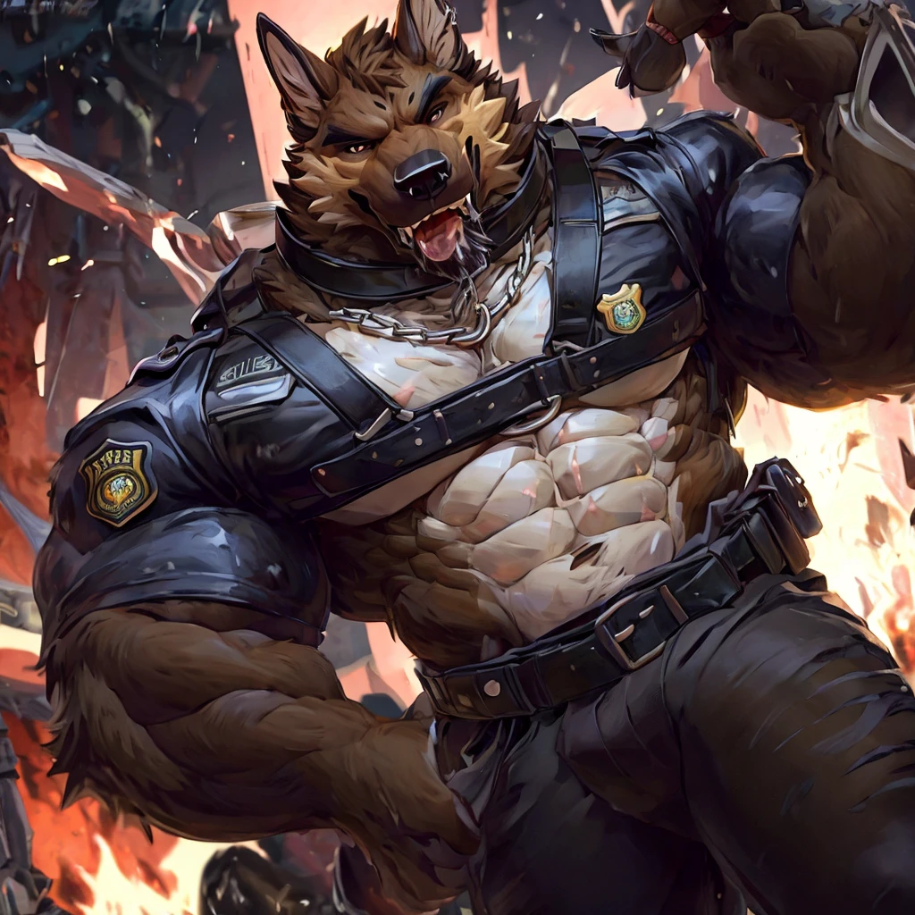 muscular male anthropomorphic german shepherd, open chest, black leather jacket, black leather harness, police badge, black leather pants, black leather boots, black fur on body, tan fur on body, light light brown fur on body, cigar lit in mouth, black leather collar, silver chain, extremelydetailed, rippling muscles, rugged and intimidating, (focus body)