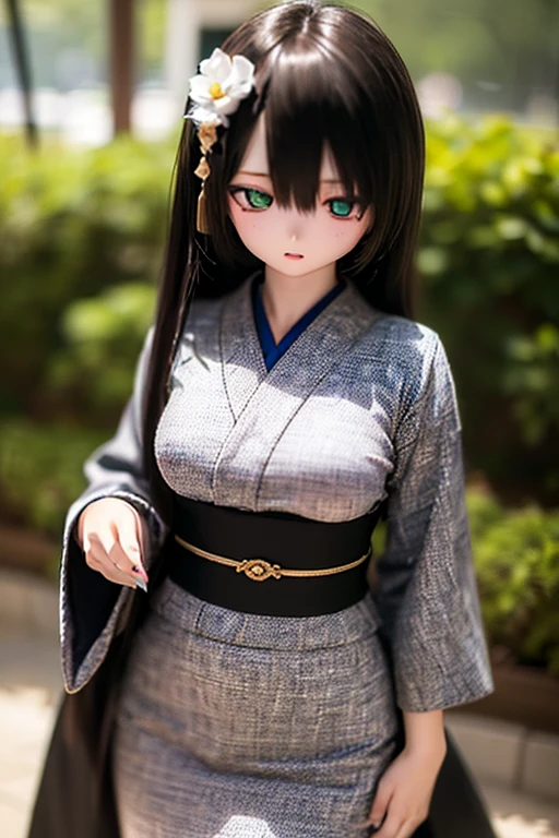 (SFW:2), photorealistic, realistic photo, 8k, ((highest quality)), ((masterpiece)), ((extremely detailed)), kukolnydom, doll, (mature woman, 20yo, 20 years old:1.6), solo, ((cowboy shot, standing, skinny, slender, slim, kimono, obi, hair ornament)), green eyes, parted lips, (black hair, long hair, looking at another, blank eyes, empty eyes, detailed eyes, detailed clothes:1.3), Japanese garden