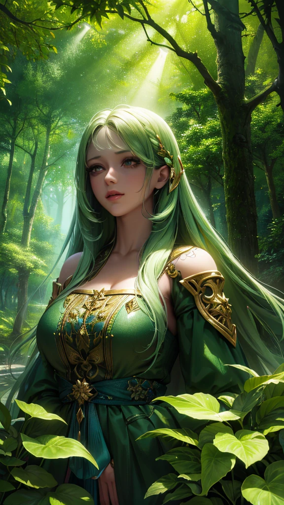 A girl with bright teal green eyes, rainbow-colored hair, casting vibrant spells inside a mystical forest, using (best quality, 4k, highres:1.2) ultra-detailed magic, with (realistic, photorealistic:1.37) rendering. The girl is enchantingly beautiful, her eyes shimmering with an otherworldly glow. Her rainbow-colored hair flows gracefully as she weaves intricate spells, filling the air with a vibrant and magical aura. The mystical forest is filled with ancient trees covered in moss, their branches reaching towards the sky with an ethereal glow. Soft rays of sunlight filter through the dense foliage, illuminating the enchanting scene with a warm and magical light. The air is filled with a sense of mystery and wonder as the girl brings to life the secrets of the forest, creating an enchanting and captivating atmosphere. The colors are vivid and saturated, with a dreamlike quality that adds to the mystical ambiance. The details are incredibly fine, capturing every delicate movement and intricate detail of the girl's spellbinding performance. The artwork is reminiscent of a fantastical illustration, blending elements of fantasy and magic with a touch of realism.