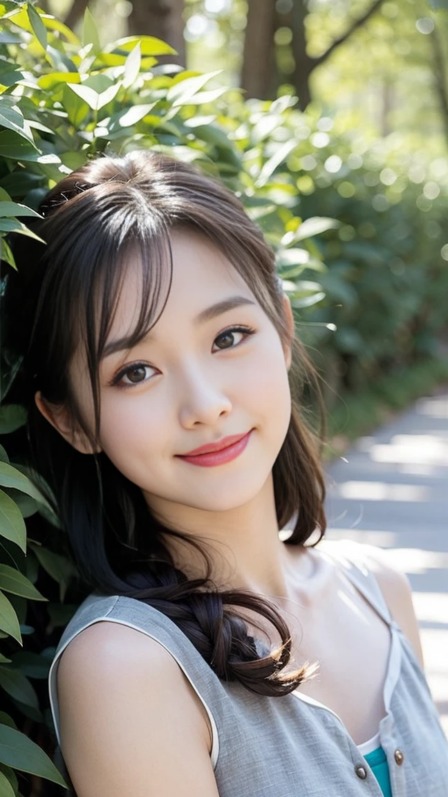 masterpiece, best quality, Surreal, Ultra Detailed, 8k resolution, RAW photos, Clear focus, (A girl in the forest), ((Light grey straight dress:1.1)),  sports Shorts,Stand up，full-body shot，Full body posture, Solitary, Perfect body,Bangs to eyebrows、Beautiful brown hair、Beautiful and delicate eyes、Brown eyes、Raise an eyebrow、High Nose、Small nostril、Little mouth、Tempting lips、Mouth slightly open(a charming smile:1.1), 、Oval face, Both eyes, Both eyes皮, Long eyebrows, Long eyelashes, A faint smile,  Chest 32 inches,The face is good, Perfect proportion、Perfect Anatomy、Perfect composition、Beautiful and detailed shadows、beautiful natural light、beautiful detailed glow、Depth of Field，32 inches in the chest,(a charming smile:1), (sexy pose)，26 years old,Stand up，full-body shot， light,White shoes