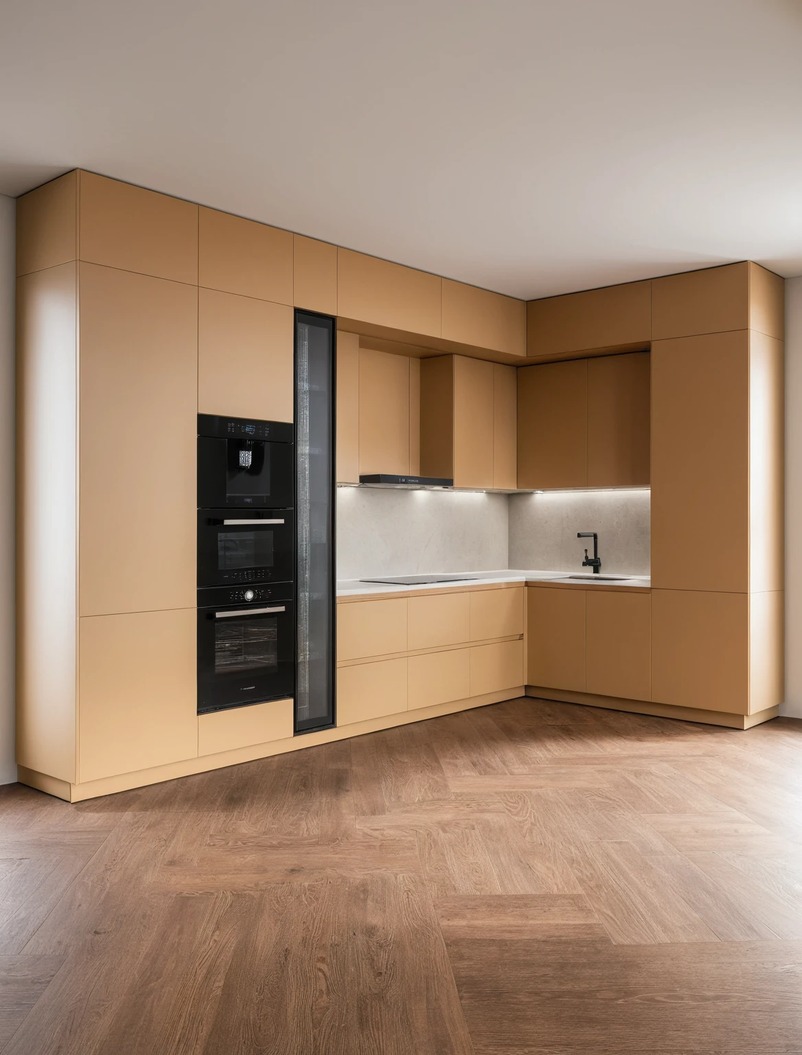 Raw photo,Masterpiece, high quality, best quality, authentic, super detail, interior , sunset, daylight, Kitchen Cabinets style modern, Induction cooker, sink, faucet, oven, built-in microwave, wooden floor, hood, wine cabinet,