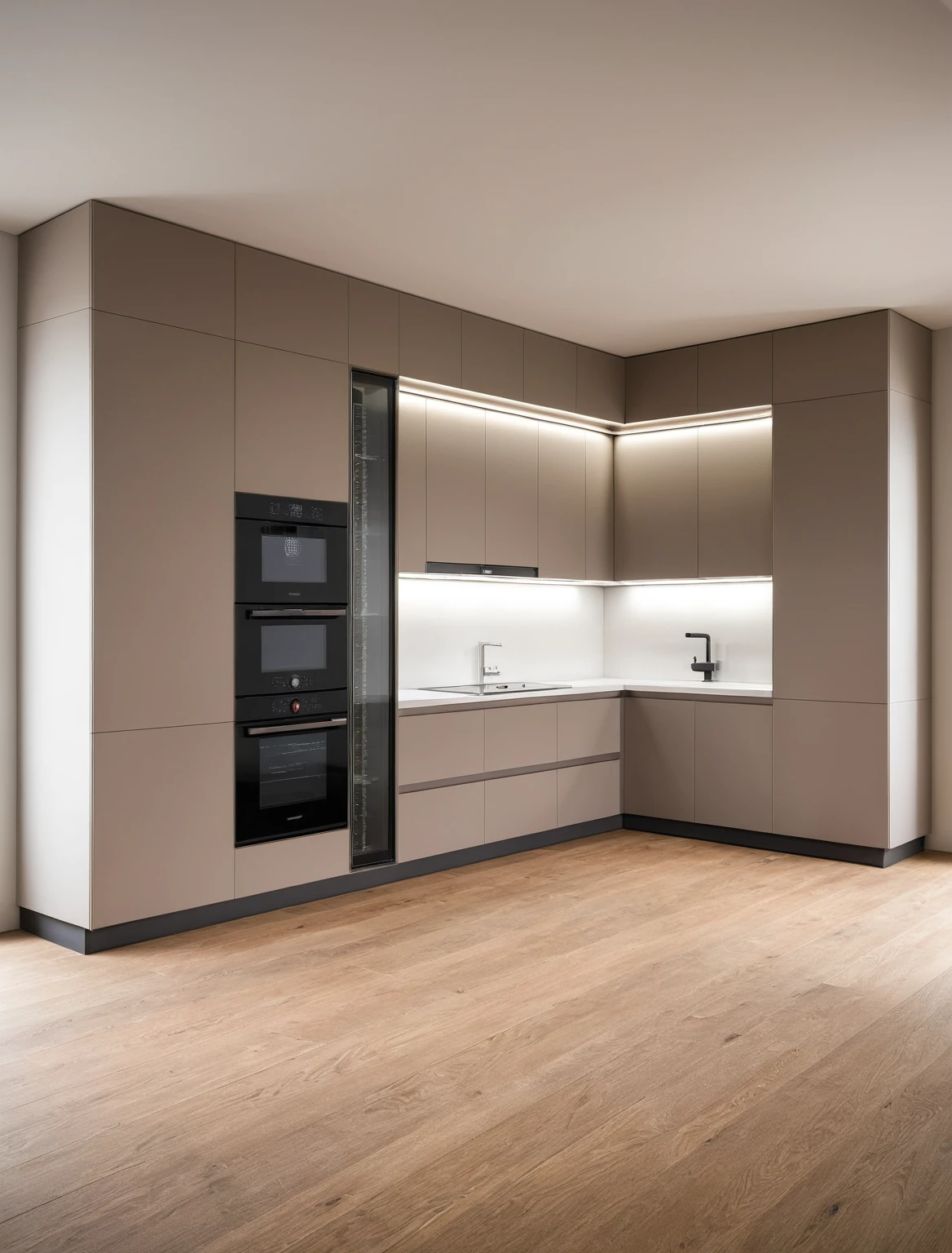 Raw photo,Masterpiece, high quality, best quality, authentic, super detail, interior , sunset, daylight, Kitchen Cabinets style modern, Induction cooker, sink, faucet, oven, built-in microwave, wooden floor, hood, wine cabinet,